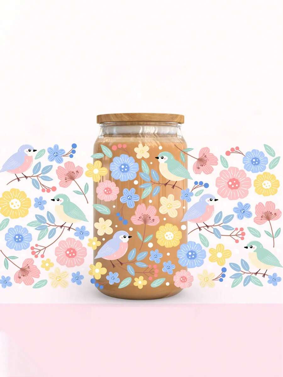 Pegatinas de cristal con estilo bohemio de pájaros y flores coloridos UV DTF, pegatinas para decorar vasos de 16 onzas de la marca Libbey, pegatinas resistentes al agua y a los arañazos para tazas, jarrones, cuadernos, portátiles y otras superficies duras, decoración del hogar - Multicolor - Ver 1