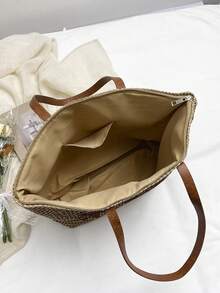 2026 New Fashion Palm Tree Embroidered Straw Tote Bag, Large Capacity Beach Bag, Chic Shoulder Bag For Vacation - Multicolor - View 11