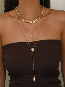 4pcs/Set Handmade CCB Beaded Drop Pendant Necklace, Multi-Layer Y-Shape Long Necklace, Fashionable Choker Necklace Suitable Women Daily Wear, Street Style And Party - Vàng - Xem 5