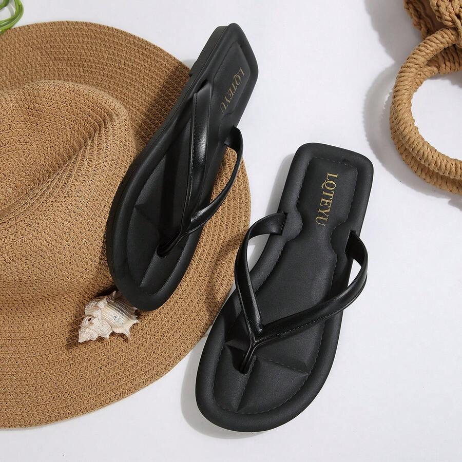 Chanclas de mujer, sandalias de playa de verano, sandalias versátiles para vacaciones, piscina y uso diario - Negro - Ver 1