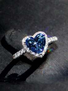 Nhẫn cưới/nhẫn đính hôn hình trái tim sang trọng đính đá Cubic Zirconia, món trang sức tinh tế cho các dịp lễ. - Màu xanh lam - Xem 9
