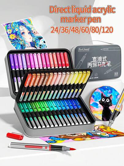 24/36/48/60/80/120 Colors Acrylic Marker Pens With Flexible Soft Nibs, Smooth Touch, Blendable, Washable, Portable Storage Case, Full Color Range, High Fidelity Colors, Suitable For Beginners To Create Layered Artworks