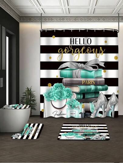 四件套浴室套装，魅力巴黎风情 Hello Gorgeous 浴帘套装，包含浴帘、防滑浴室地垫、U型轮廓垫和马桶盖套，防水面料，适用于家庭、酒店浴室装饰，72英寸*72英寸