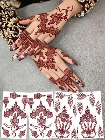 4pcs Moon & Flower Pattern Wine Red Nail Art Temporary Tattoo Stickers - Manhaiti Design Body Painting Tattoos For Party & Festival