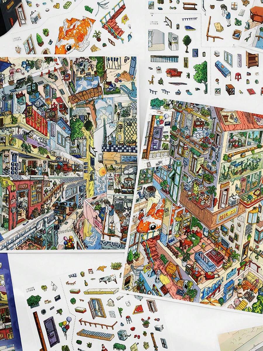 1张超大木偶风景贴纸，创意日式手账贴纸，挑战城市贴纸，学生减压水下DIY场景贴纸 - A - 查看 1