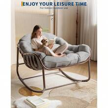 Silla de balanceo al aire libre de 36,6 pulgadas para la sala de estar, Silla de huevo Rocker Papasan cómoda con marco de metal, Silla de balanceo al aire libre de interior para el jardín del patio del dormitorio del césped del porche - Gris - Ver 3