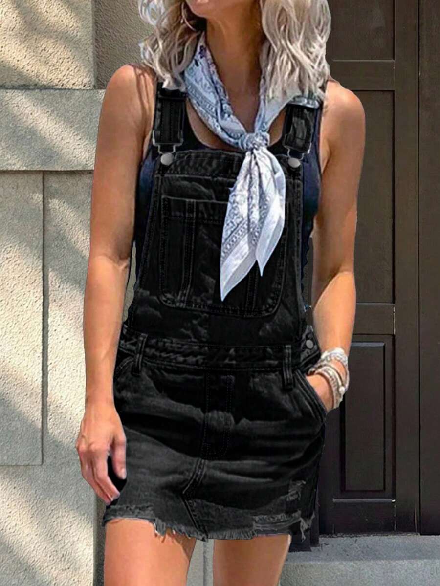 Vestido peto vaquero holgado para mujer | Vestido casual con efecto desgastado y deshilachado, de ajuste ceñido, versátil y de moda para usar en la calle