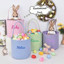 Personalized Kids Easter Egg Basket With Custom Embroidered Name, Cute Gingham Bunny Easter Basket With Handle, Reusable Candy Gift Basket For Boys Girls, Easter Egg Hunt Basket, Spring Holiday Party Decoration, Kids Toy Storage Basket, Candy Holder, Snack Organizer, Cute Easter Gift Bag For Toddlers Children - Multicolor - View 2