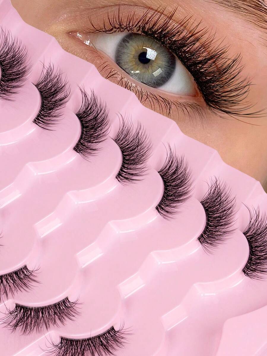 7 Pairs Short 3D Half-Strip Faux Mink Lashes With Transparent Band, Cat Eye Style, Natural Look Eyelashes - Black - View 1