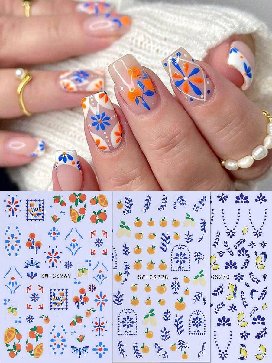 3pcs 3D Fruit Nail Stickers, Orange Lemon Blue Geometric Pattern Diamond & Circle French Design, Summer Spring 3D Self-Adhesive Nail Art Decals For Salon & DIY - Multicolor - View 1