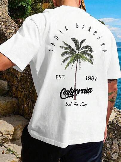 2025 Summer New Arrival Men Coconut Tree Letter Print Short Sleeve Round Neck T-Shirt, Casual Holiday Wear