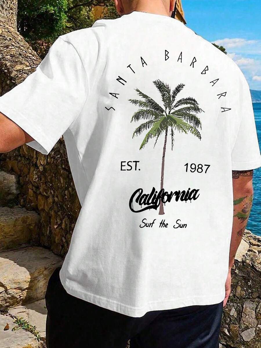 2025 Summer New Arrival Men Coconut Tree Letter Print Short Sleeve Round Neck T-Shirt, Casual Holiday Wear