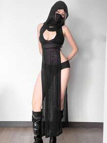 Áo tank top dài có mũ trùm đầu xẻ tà bên hông Kliou với chi tiết khoét hở, chất liệu vải dệt kim mỏng, dài, vạt áo bất đối xứng, chất liệu co giãn cao, kiểu dáng thường ngày. - màu đen - Xem 6