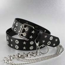 1条男女通用朋克摇滚风黑色真皮腰带，饰有星形铆钉镂空圆形装饰和骷髅头链坠，时尚腰带，适合青少年夏季休闲户外聚会、度假旅行、毕业礼物、生日礼服配饰、日常穿着、演唱会造型、街头服饰等。 - 黑色 - 查看 1