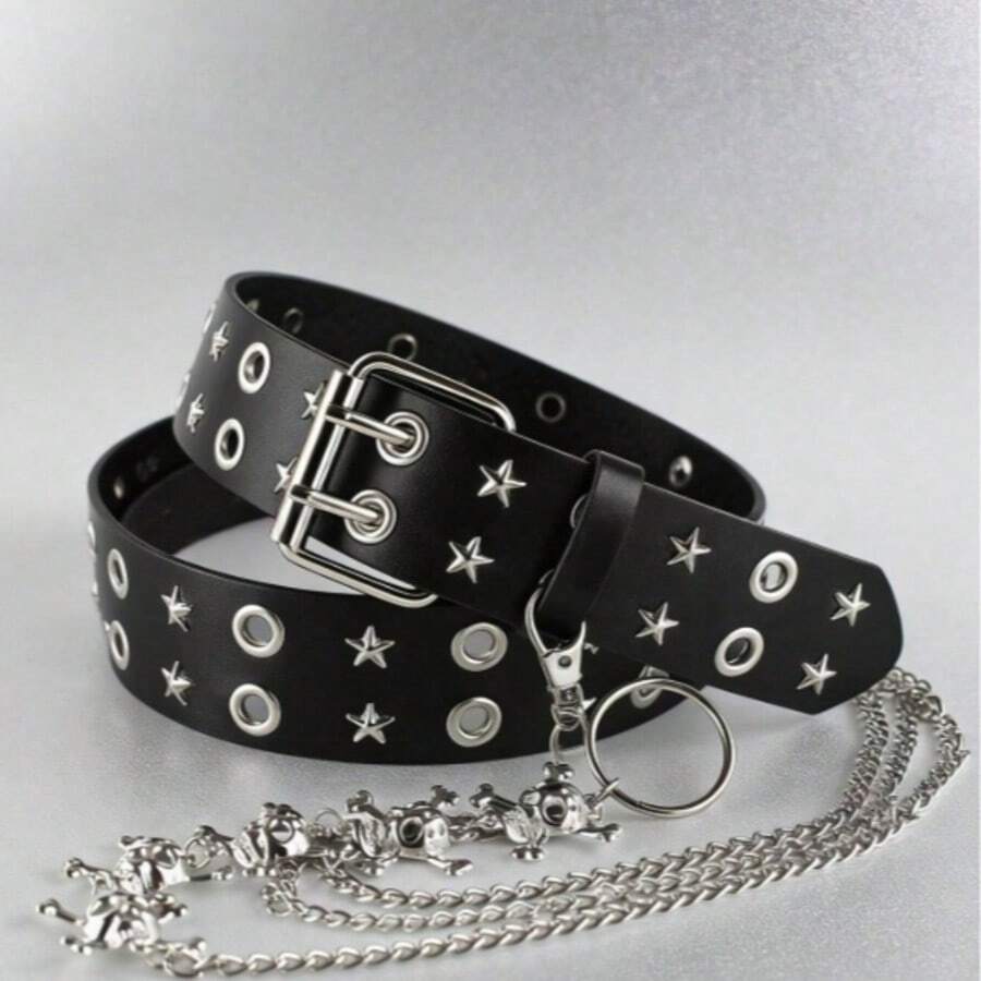 1条男女通用朋克摇滚风黑色真皮腰带，饰有星形铆钉镂空圆形装饰和骷髅头链坠，时尚腰带，适合青少年夏季休闲户外聚会、度假旅行、毕业礼物、生日礼服配饰、日常穿着、演唱会造型、街头服饰等。 - 黑色 - 查看 1