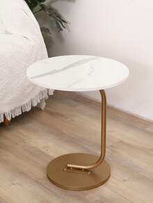 1 pieza Mesa lateral con patrón de mármol redonda, mesa de extremo de sofá minimalista moderna, mesa de café desmontable resistente al agua y a los arañazos para sala de estar, mesita de noche de dormitorio, mini mesa de café - Blanco - Ver 3