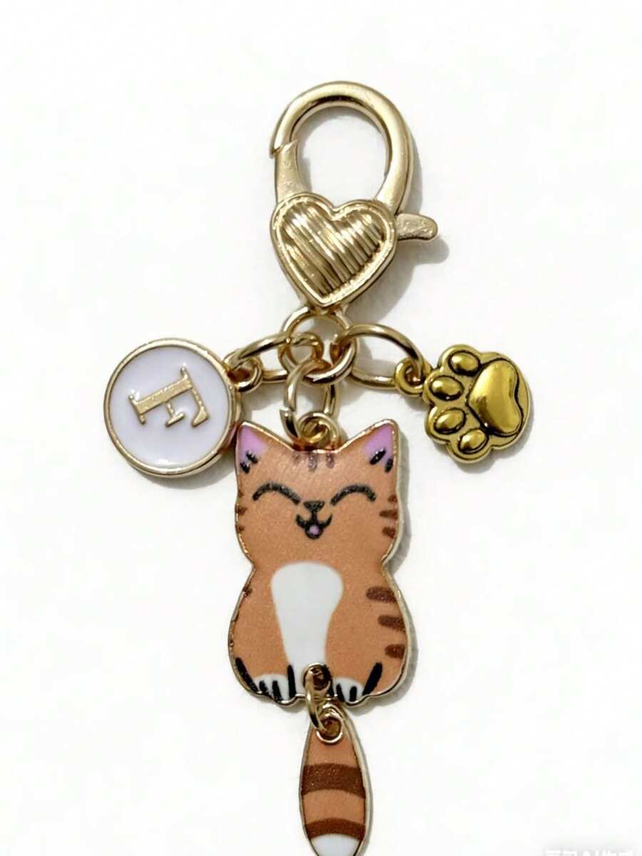 Customized Initial Cat Paw & Heart Keychain, Gold Heart Charm, Cat Paw Pendant, Gift For Girls