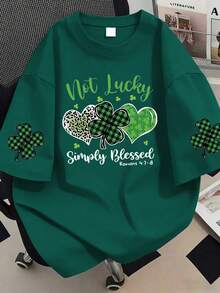 四叶草印花圆领女式T恤，大码休闲夏季款。时尚短袖设计。适合夏季度假、海滩、节日、春季、情人节、狂欢节、母亲节礼物；毕业季T恤；返校季服装；毕业典礼；女教师服装；夏季亲友聚会服装。也适合日常穿着、外套、徒步旅行、节日庆典、海滩、派对、生日聚会、舞蹈、学校、音乐节、度假、通勤、健身、婚礼、新年、春季上衣、女士夏季服装、女士节日服装。 - 墨綠色 - 查看 1