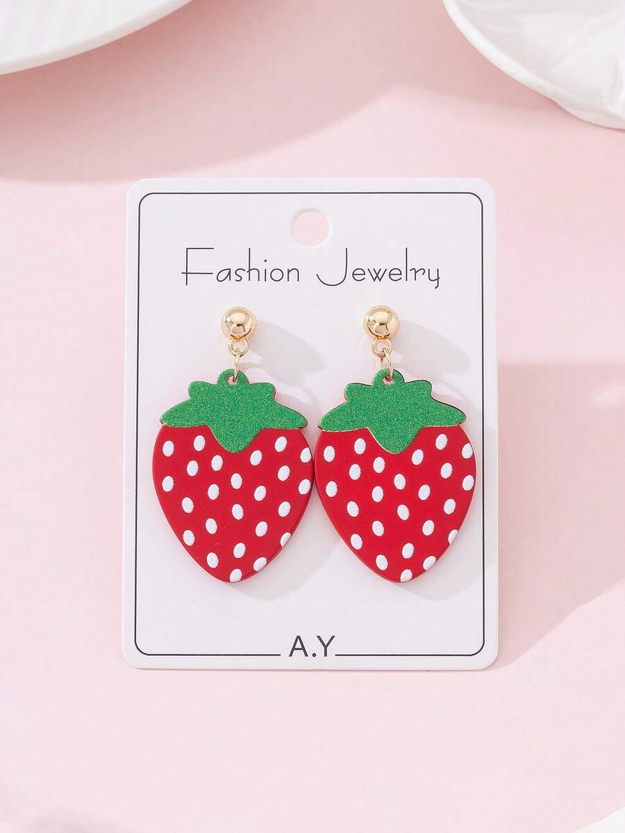 1 Pair Summer Fruit Cute Strawberry Enamel Faux Soft Pottery Design Fashion Jewelry Earrings, Suitable For Beach Vacation, Party, Perfect Gift - Red - View 1