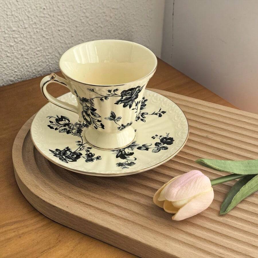 蓝白瓷咖啡杯，精致下午茶，欧式金边红茶杯