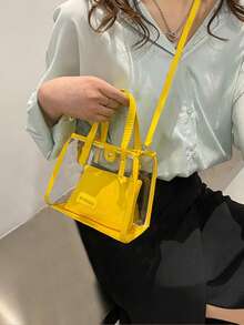 Practical PVC Crossbody Bag For Women Transparent Tote Bag With Top Handle And Built-In Small Purse For Holiday Travel - 黃色 - 查看 3