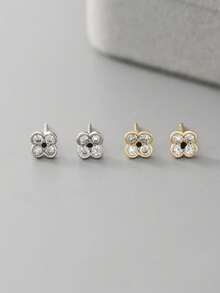 1 Đôi bông tai bạc Sterling S925 hình hoa bốn cánh đính đá Zirconia, món quà trang sức đa năng dành cho học sinh, các bữa tiệc, lễ hội. - hoa - Xem 2