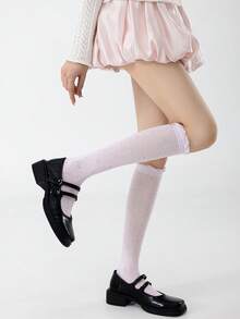 1 đôi tất nữ cao đến bắp chân, kiểu dáng mỏng, xếp ly hình trái tim, tất cao đến mắt cá chân, giúp thon gọn vóc dáng, thích hợp cho mùa xuân/hè, dễ dàng phối với váy. - Nhiều màu - Xem 10