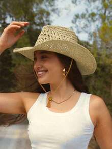 1pc Handmade Fashionable Panama Cowboy Straw Hat, Bohemian Style Beach Sun Hat, Windproof Casual Hat, Suitable For Vacation Travel, Brim Rope Color Random - 米色 - 查看 2