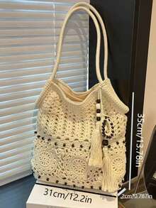 手工棉质钩编女士手提包，休闲沙滩托特包/单肩包，度假沙滩包 - 杏色 - 查看 3