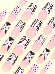 24片中号方形Y2K风格假指甲套装，包含黑白豹纹法式设计、米白色百合花图案、复古粉黑波点图案、黑色宽法式等多种款式，附赠1片胶贴和1个迷你指甲锉，随机发货 - 彩色 - 查看 4