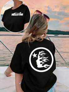 Plus Size Hellstars Minimalist Fire Hair Logo Vintage T-Shirt Double Sided Printed (220g 100% Cotton T-Shirt),Summer Clothes, Women's Tops, Casual And Comfortable, Fashionable Graphic Tee, Unisex Style - Black - View 1