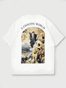 FRACTYR 男士夏季休闲街头时尚宽松复古圣天使壁画双面印花圆领短袖T恤 - 白色 - 查看 4