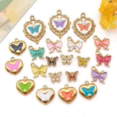 2个时尚珐琅不锈钢蝴蝶吊坠，高品质镀金爱心蝴蝶隔珠吊坠，适用于DIY手链项链首饰制作工艺配件