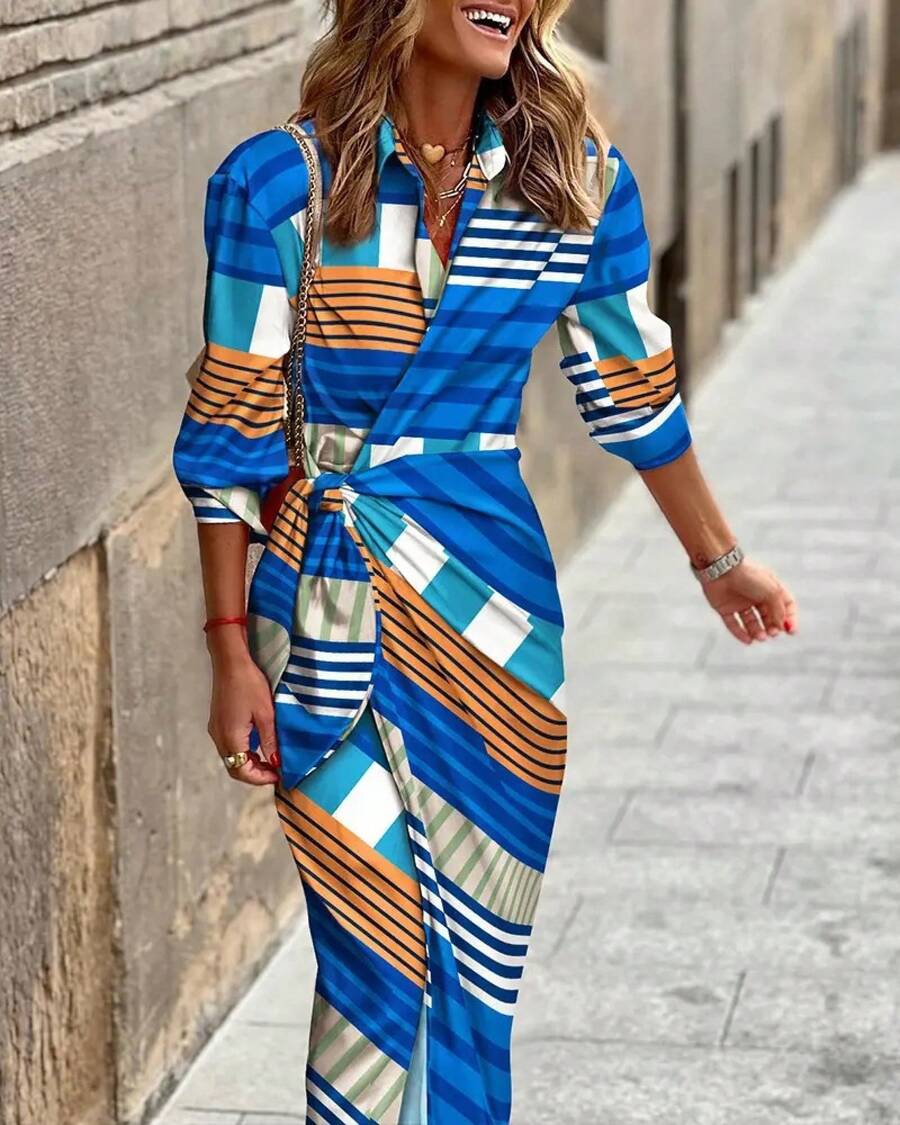 2026 European And American Women's Fashion New Product: Stylish Printed Shirt-Collar Tie-Waist Mid-Length Striped Dress - 5# - 查看 1