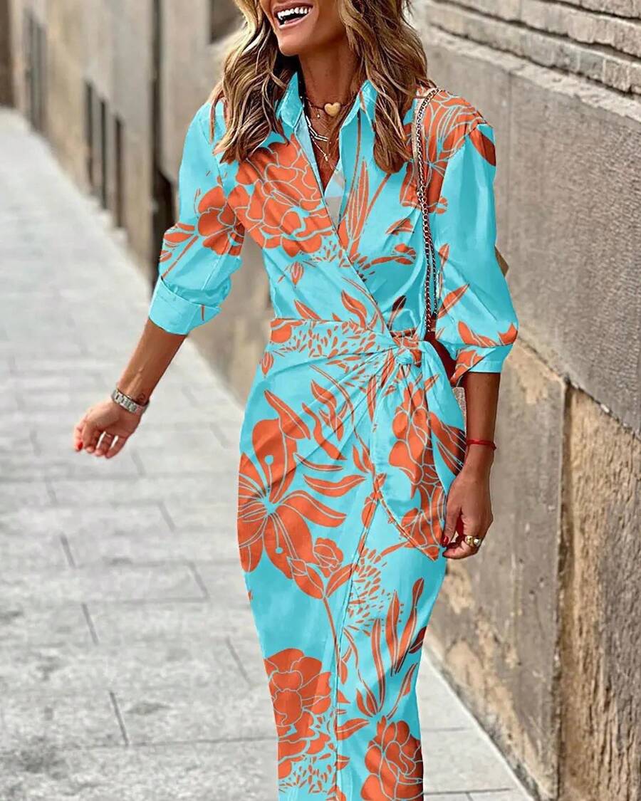 2026 European And American Women's Fashion New Product: Stylish Printed Shirt-Collar Tie-Waist Mid-Length Striped Dress - 7# - 查看 1