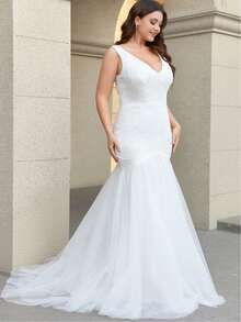 女士大码优雅成熟派对浪漫网纱贴花婚纱，适合新娘活动、单身派对、新娘送礼会、早午餐、订婚、蜜月、招待会、彩排、春夏秋季等场合。 - 白色 - 查看 3