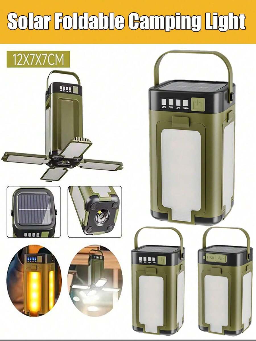 Multifunctional Foldable Solar Camping Lantern Flashlight With Power Bank Function, Waterproof Portable Tent Light For Camping Hiking, 4 Brightness Levels With Handle, Rechargeable Emergency Lighting