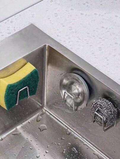 2pcs Strong Adhesive Kitchen Sink Sponge Holder, Silver And Black, Wall-Mounted Drill-Free Kitchen Sink Storage Rack, Kitchen Utensil Organizer, Basin Storage Rack, Suitable For Storing Dishcloths, Loofahs, Strainer Plugs, Sink Racks, And Wall-Mounted Storage Hooks