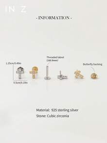 IN Z 1件装925纯银镶嵌十字架平底唇钉 | 精致耳钉 | 可叠戴耳环 | 十字架耳环 | 925纯银饰品 | 适合女性日常佩戴 | 单件出售（非一对） - 多色 - 查看 3