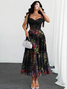 Women's Gothic Elegant Vintage Floral Print Bow Shoulder Ruffle Midi Dress Vacation Summer - Multicolor - View 2