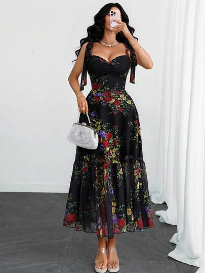 Women's Gothic Elegant Vintage Floral Print Bow Shoulder Ruffle Midi Dress