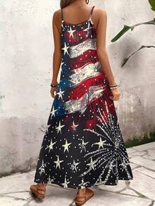 A Women's Maxi Dress With Star-Stripe And Firework Print On Black Base, Polyester Fiber Fabric, Lightweight And Breathable, Regular Women's Clothing, Women's Dress, Women's Apparel - 彩色 - 查看 2