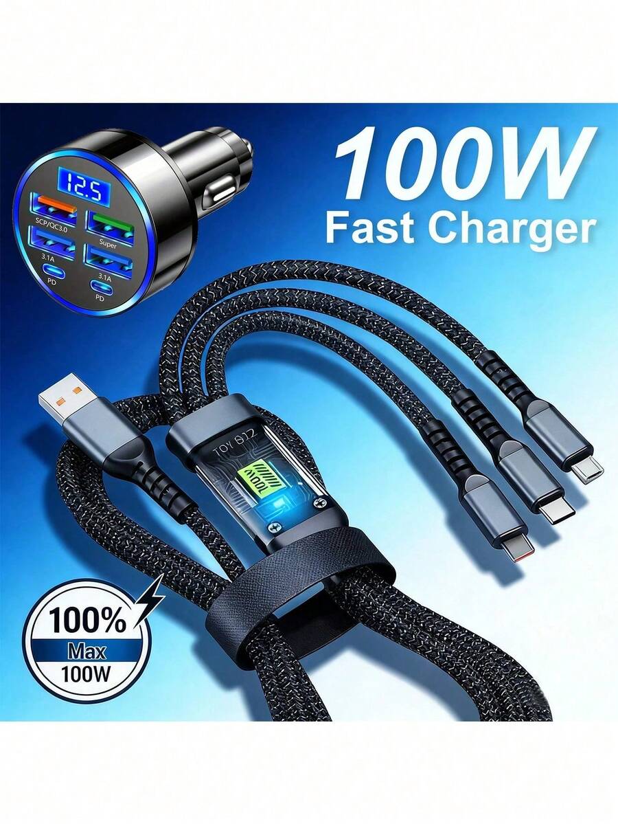 Cargador de coche para teléfono móvil de carga rápida, conjunto de cargador de coche inteligente multiusuario con cable universal 3 en 1 (Tipo C/Lightning/Micro) de diseño compacto con pantalla LED, accesorio de viaje esencial, regalo de Pascua y primavera - Unitalla - Ver 1