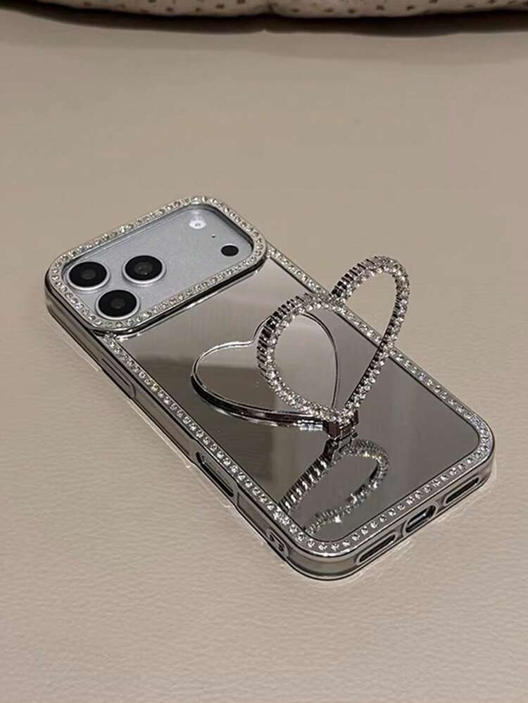 Luxury Rhinestone Heart-Shaped Phone Stand Mirror Case, Suitable Compatible With Iphone 17 Pro Max Series, S26U/25U/24U/S23U Series, Lightweight Elegant Hard Shell Design For Women - Silver - View 3