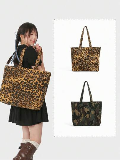 YOONI 豹纹迷彩大容量帆布手提包，休闲单肩购物包，适合学生和通勤族使用。