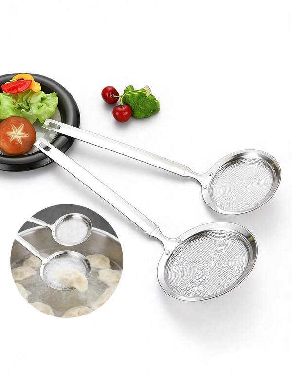 Bộ 2/1 dụng cụ lọc dầu mỡ bằng thép không gỉ, dụng cụ lọc dầu mỡ có lỗ, vật dụng thiết yếu trong gia đình, thích hợp để tách bọt, dầu mỡ, lọc thức ăn nhiều dầu, bộ lọc nhà bếp có lỗ, dụng cụ và phụ kiện nhà bếp cơ bản