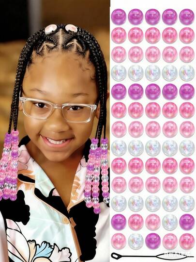 60颗粉色发珠，透明AB彩圆珠，发饰，适合儿童、女孩，可用于局部编发、脏辫装饰、辫子装饰