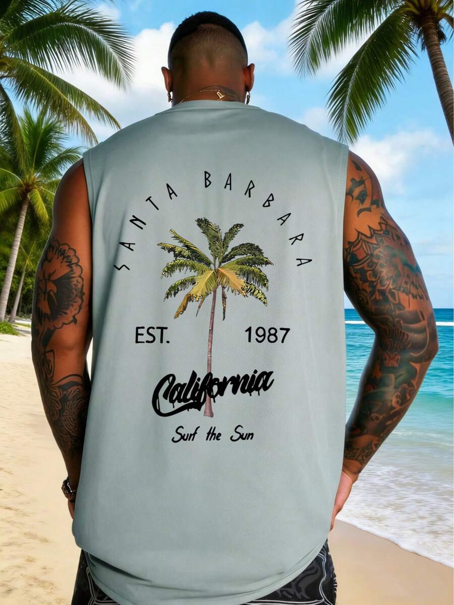 Plus Size Men's Holiday Casual Coconut Tree & Letter Print Tank Top - Grey - View 1