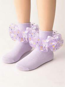 1 Pair Girls' Purple Ruffle Trim Socks, Princess Baby Socks With Big Ruffle Hem - Mauve Purple - View 1