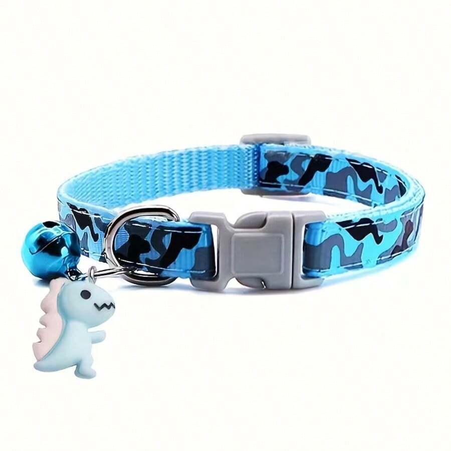 1pc Adjustable Leopard Camo Pet Collar - Soft Padded Comfortable Design With Jingle Bell And Cute Dinosaur Charm - Perfect Fashionable Accessory For Cats, Kittens And Small Dogs - Unique Gift Idea - Multicolor - View 1